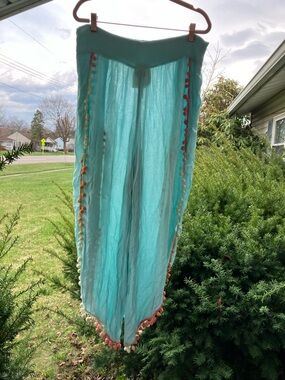 Lightweight Aqua Wide-Leg Pants with Pom Pom Trim